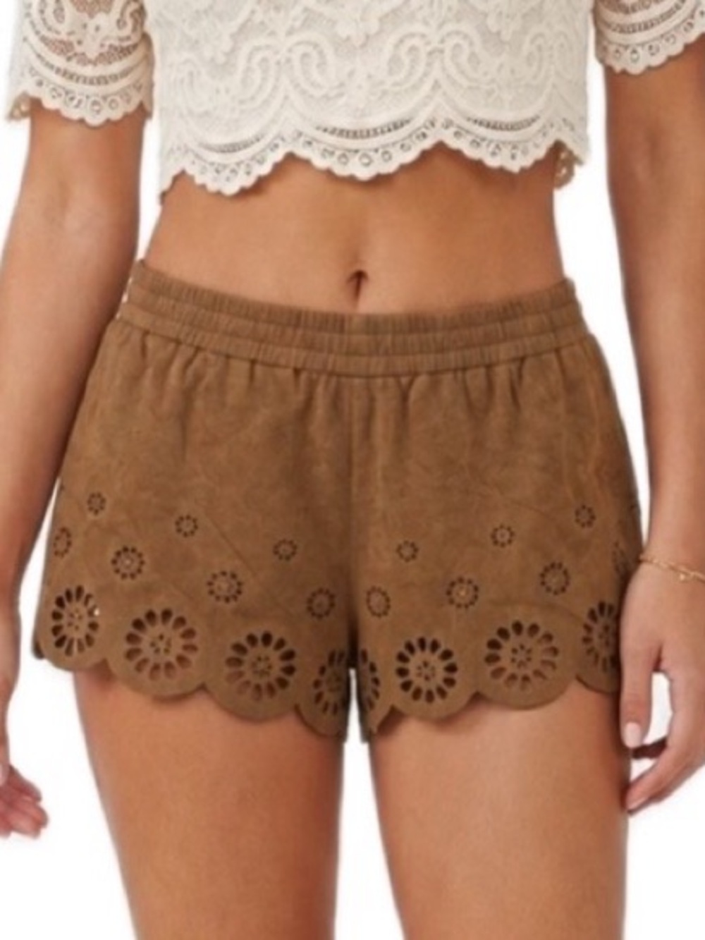 Forever 21 Faux Suede Laser Cut Hot Shorts Size M Caramel Brown Elastic Waist